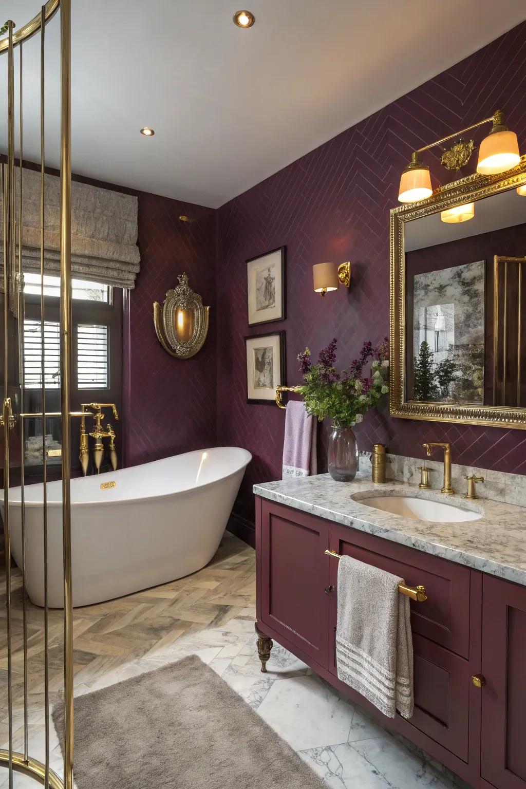 Plum walls add a touch of luxury and sophistication.