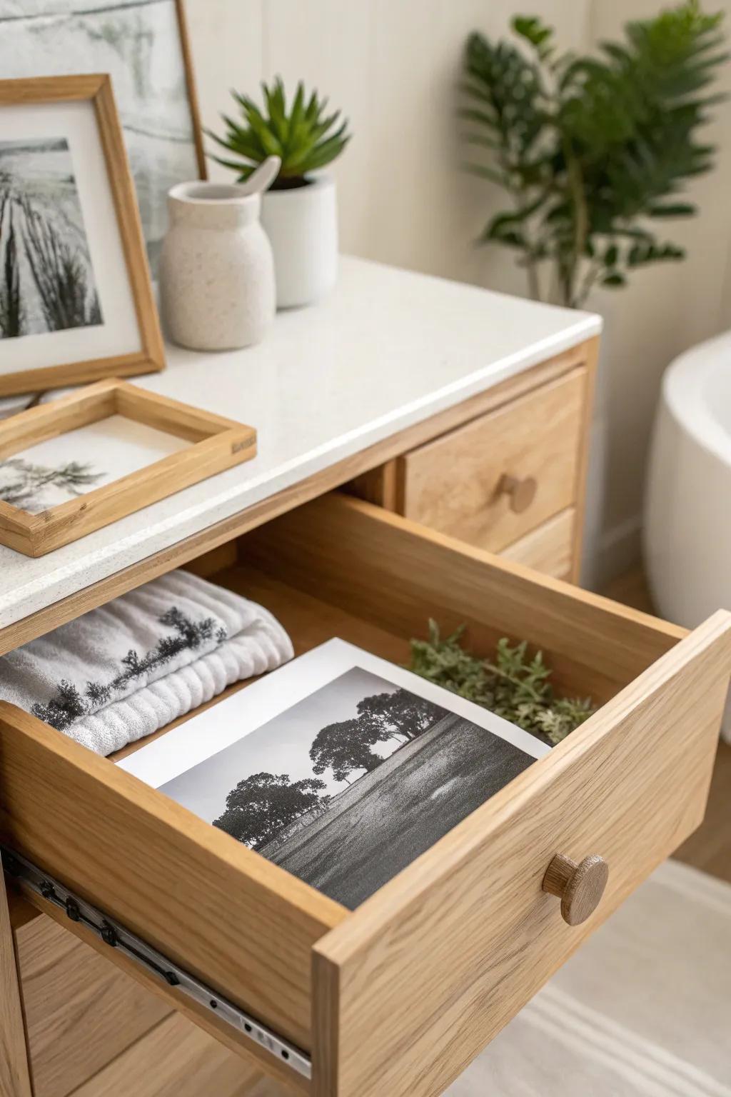 Add a personal touch to your bathroom with laminated photo liners, merging memories with minimalist elegance.
