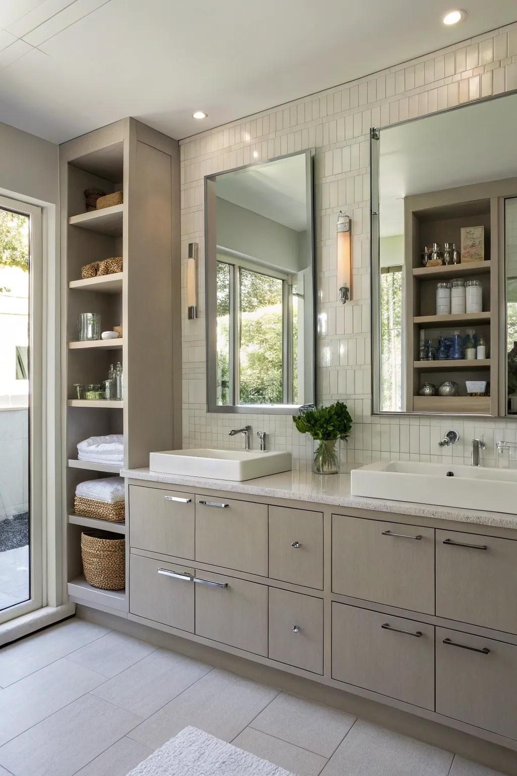 A bathroom with clever storage solutions to maintain a clutter-free space.