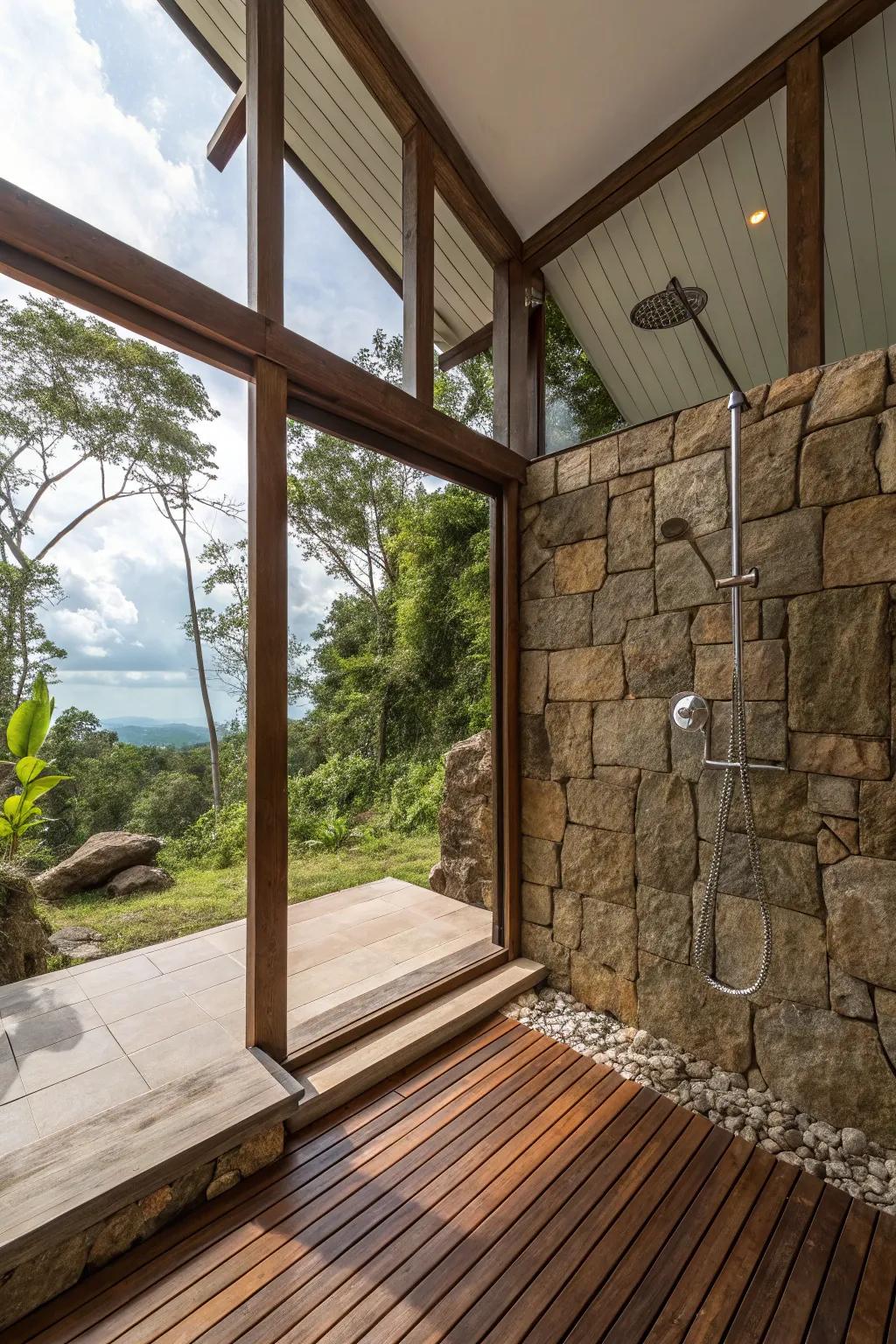 Blend indoor and outdoor elements for a tranquil shower experience.