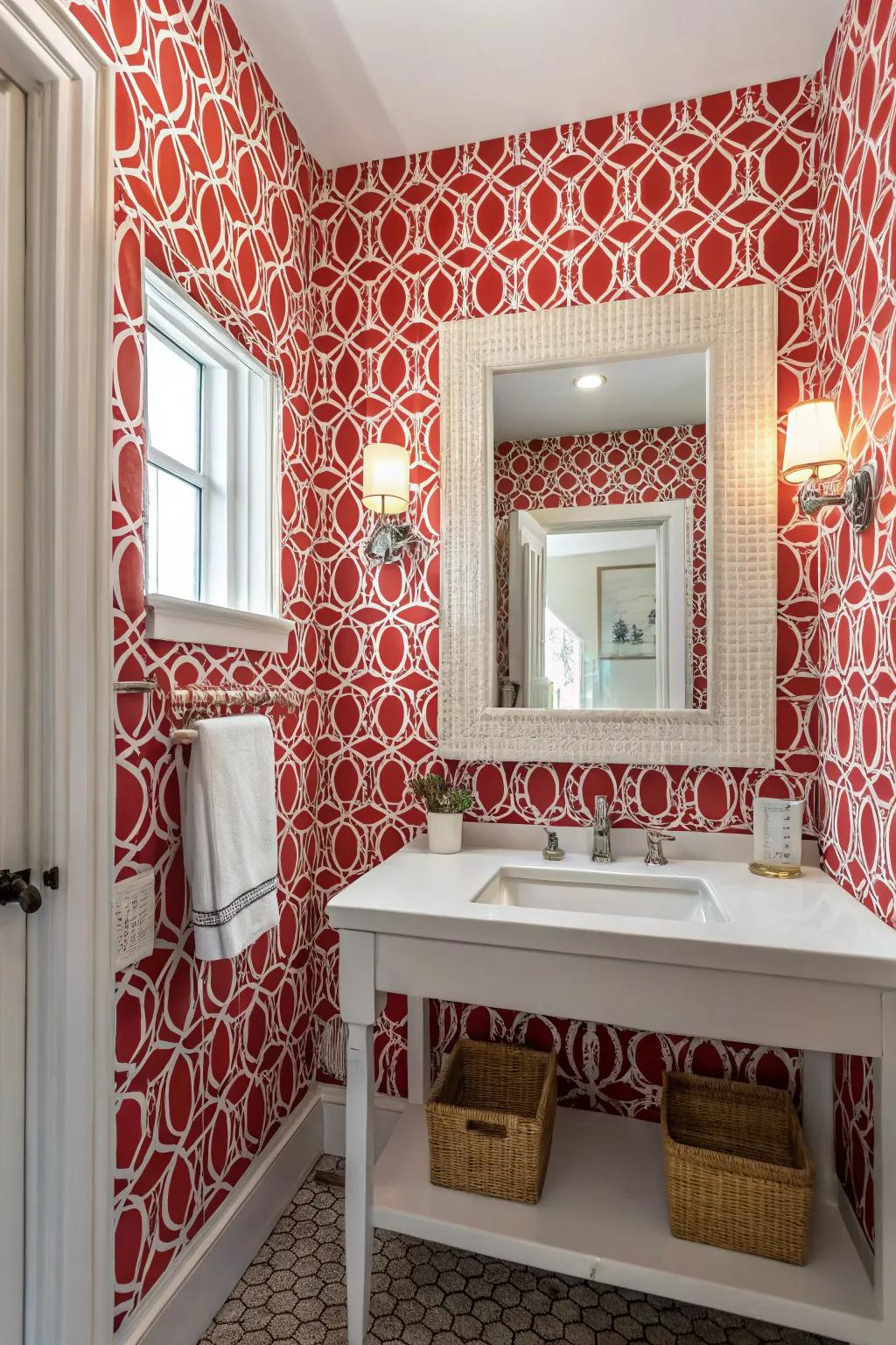 Bold wallpaper making a statement in this modern bathroom.