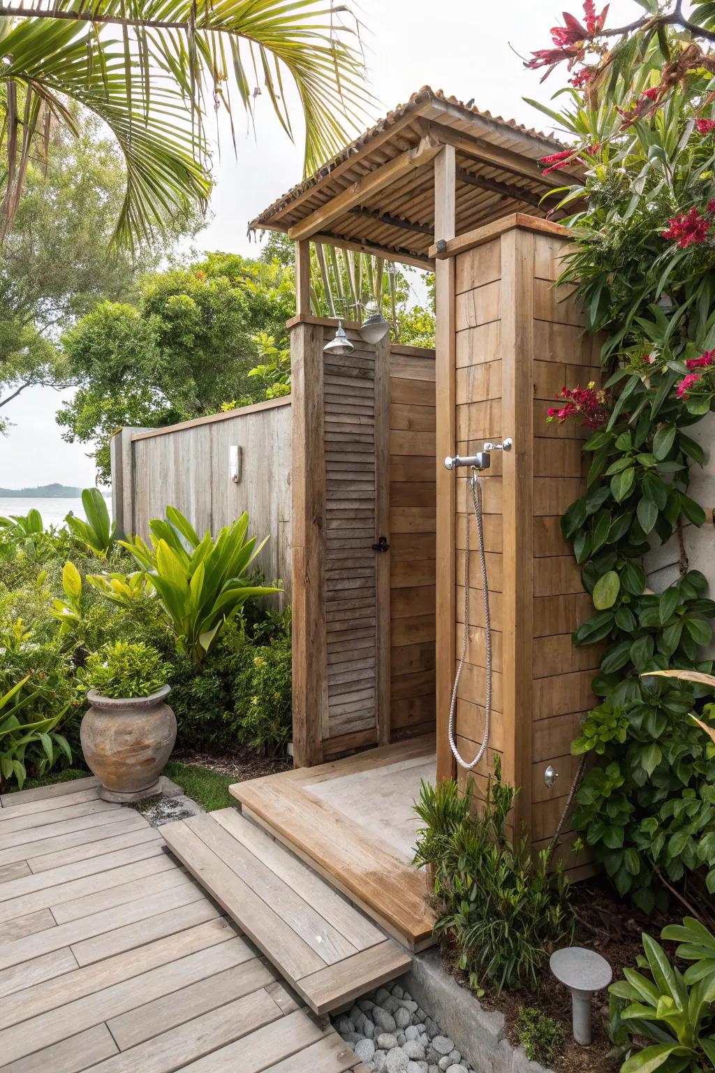 An outdoor shower offers a luxurious touch to this beach house.