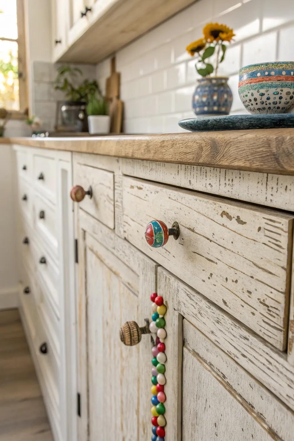 Beaded drawer pulls adding character to the kitchen cabinets.