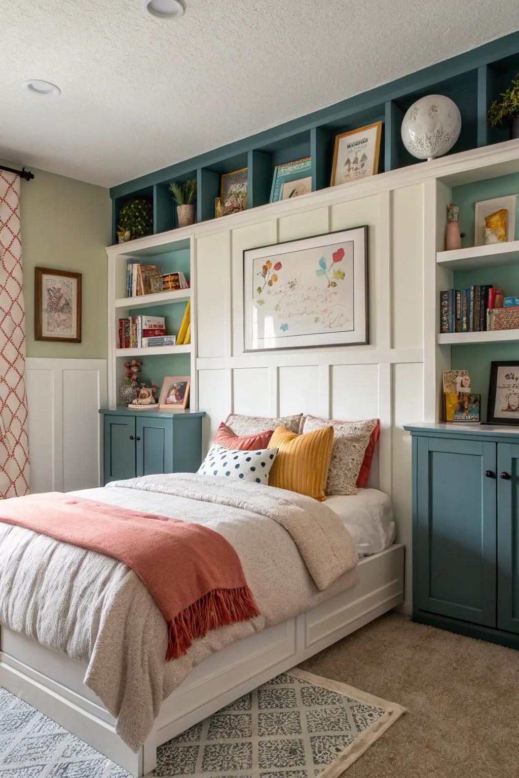 A sophisticated bedroom with wainscoting backdrop.