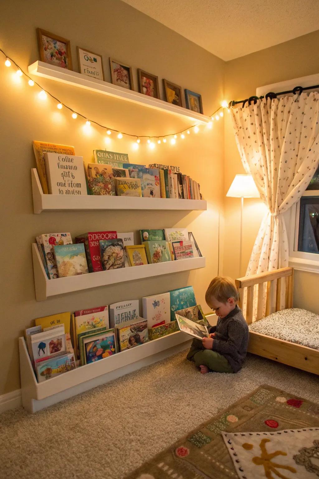 Easy-to-reach bookshelves in a toddler's bedroom, fostering independence and love for books.