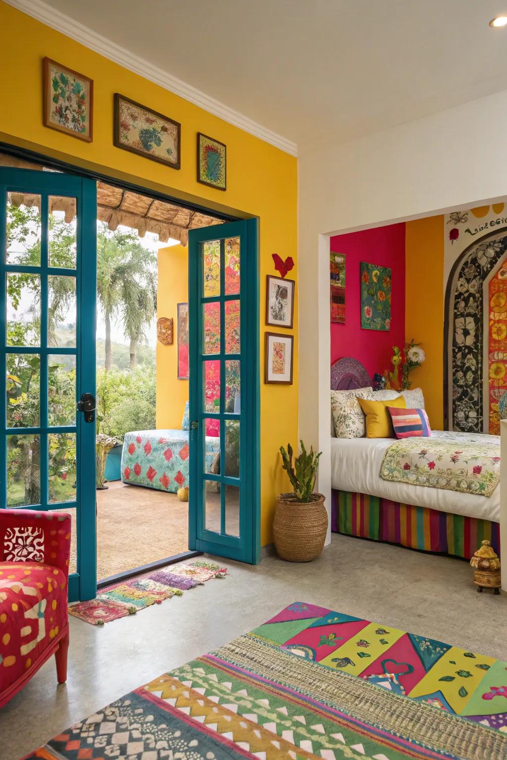 Colorful patio doors add personality and vibrancy, making a bold statement in your bedroom.