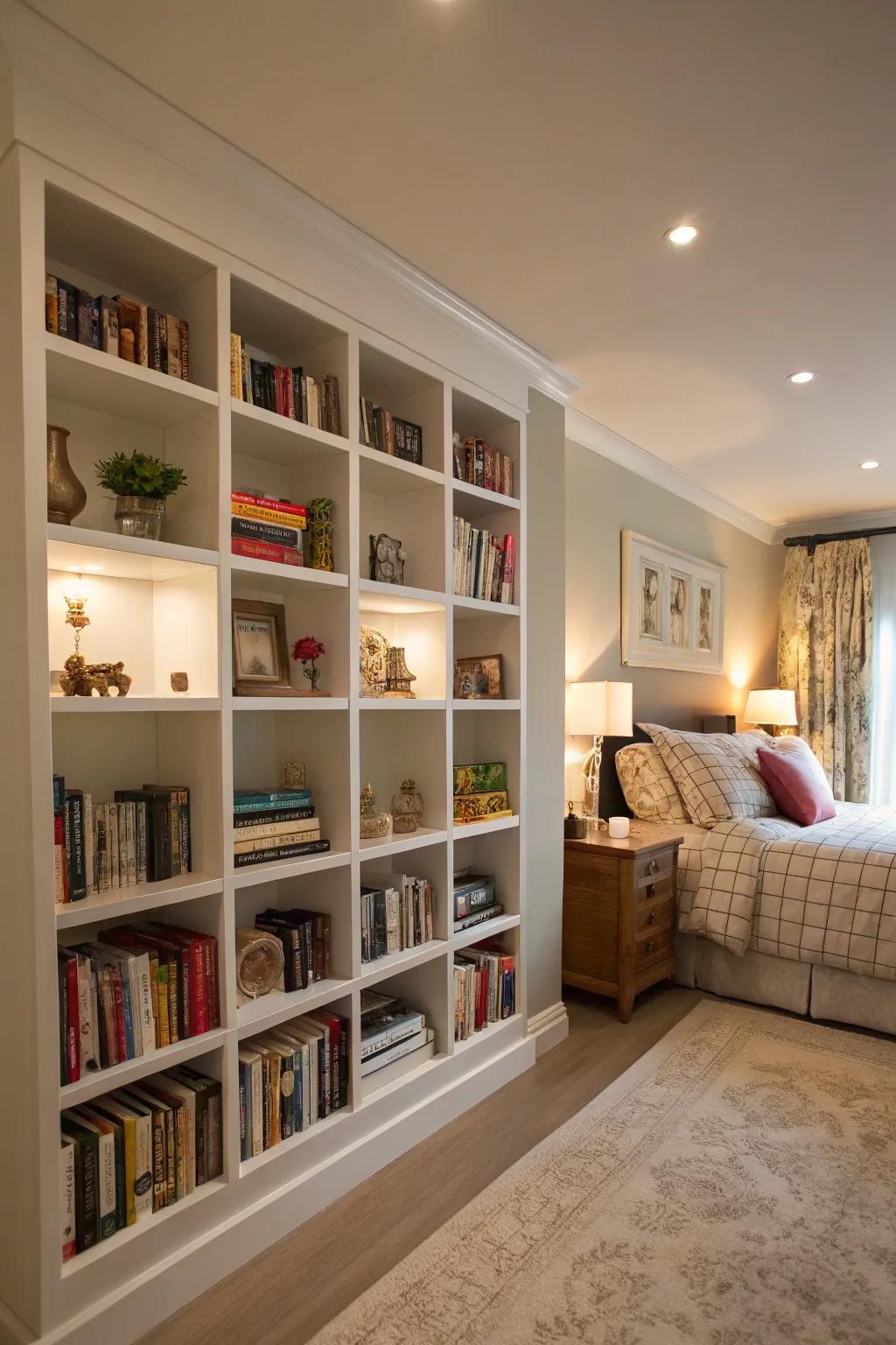 Library-style shelving turns a bedroom wall into a personalized focal point.