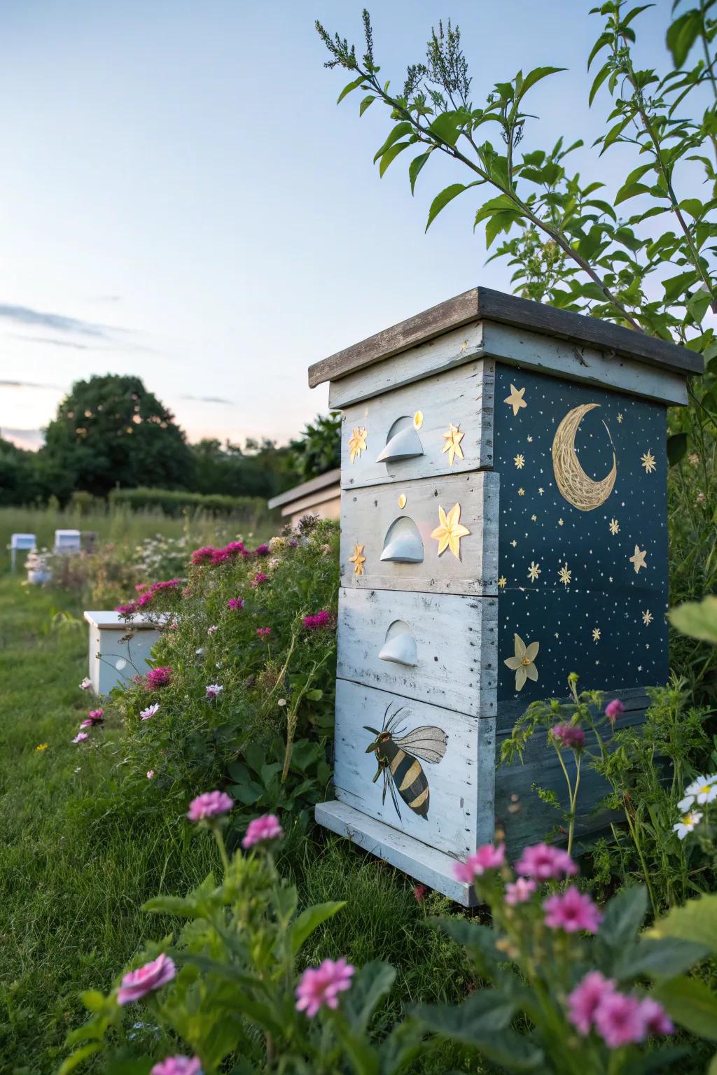 A celestial-themed bee hive featuring stars and moon patterns, evoking a magical night sky.