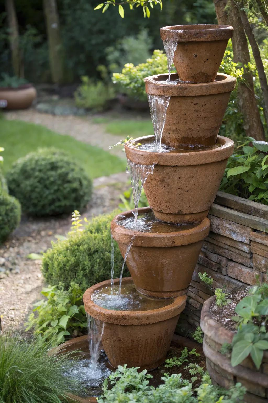 A charming clay pot waterfall serving as a bee watering station.