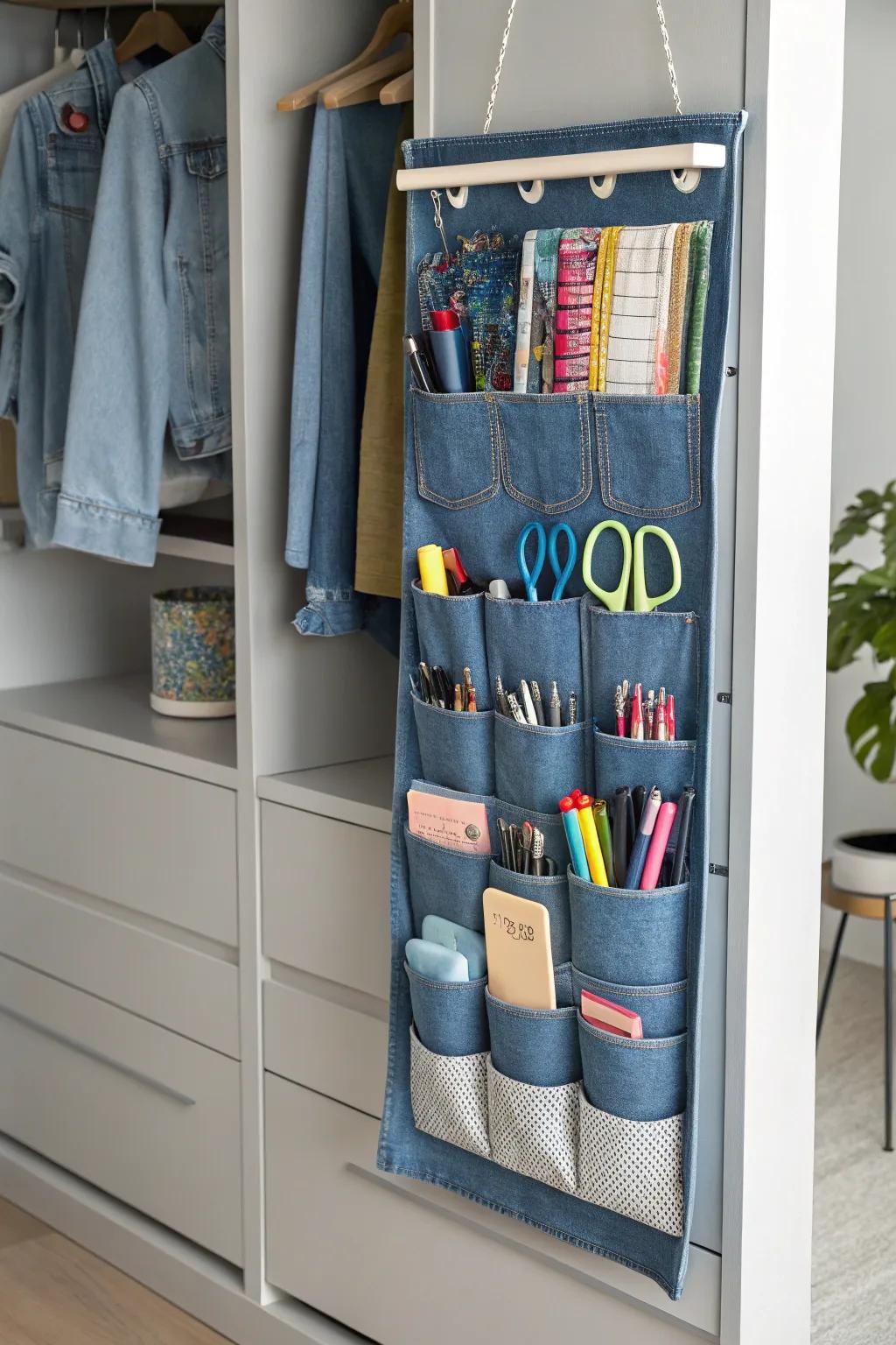 A practical organizer crafted from old jeans.