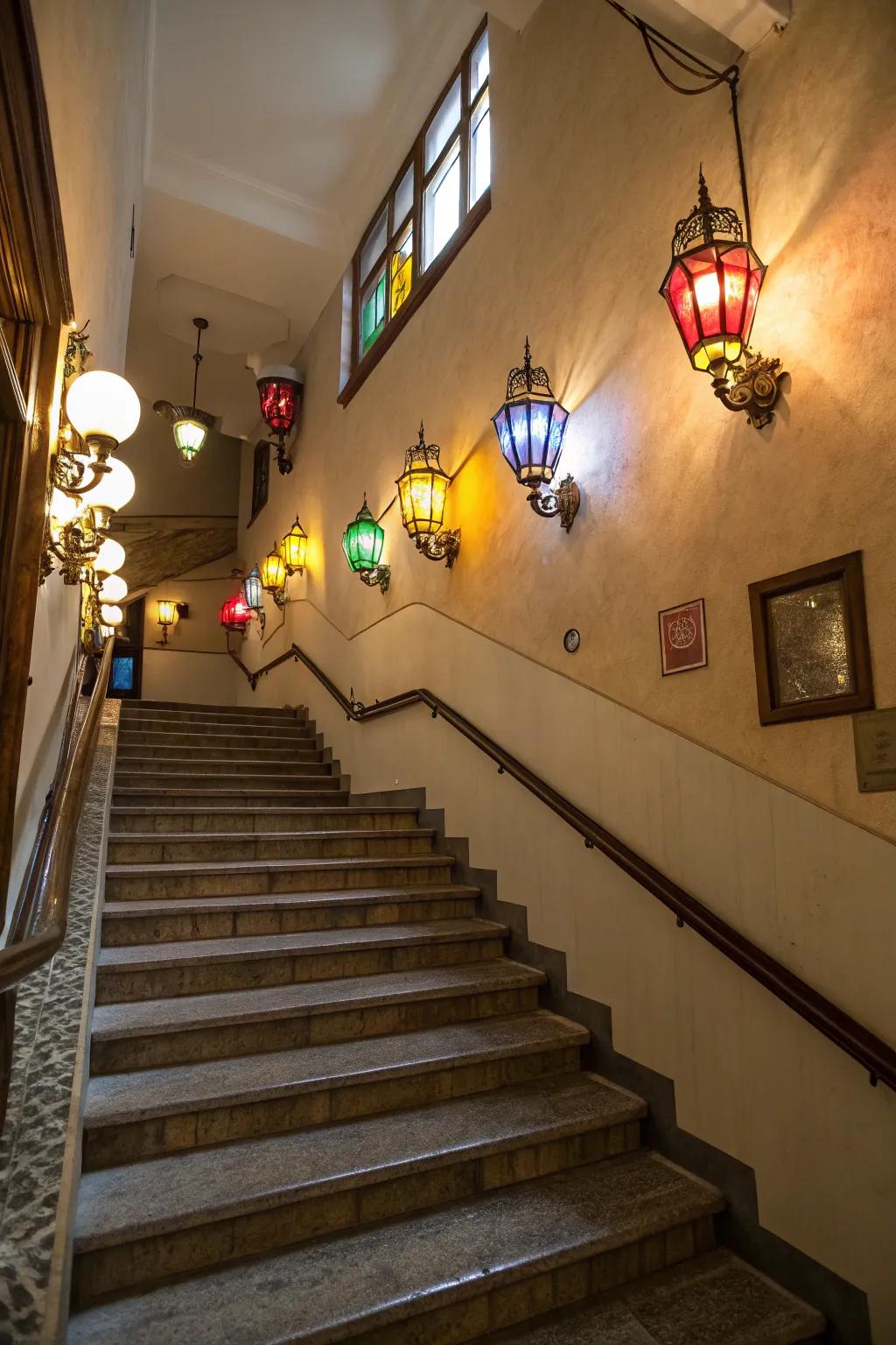 Colorful sconces bring a playful touch to any stairway.