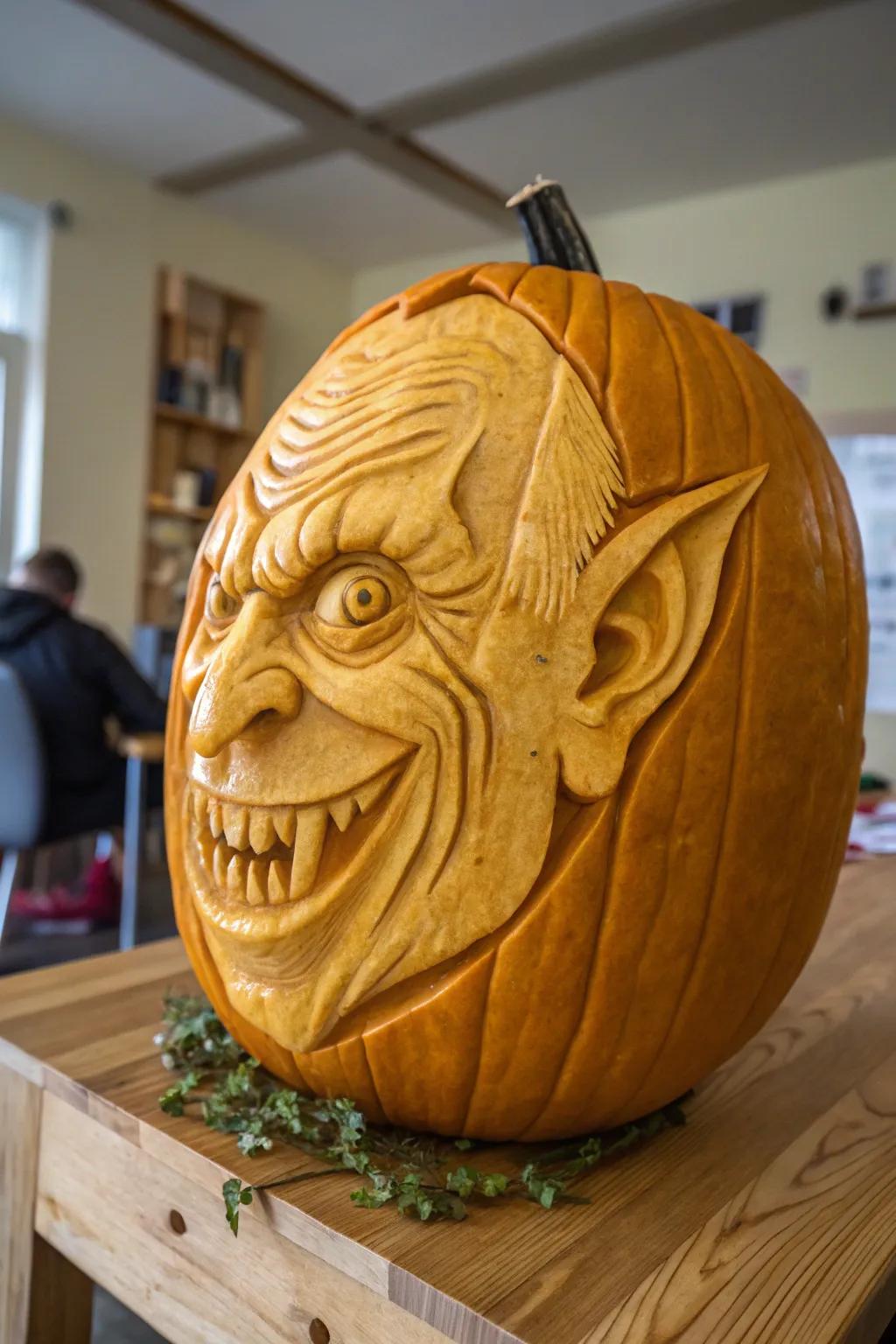 A mischievous goblin pumpkin adds a playful twist to your Halloween.