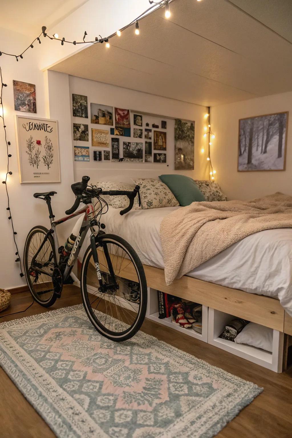 Maximize bedroom space with clever under-bed bike storage.