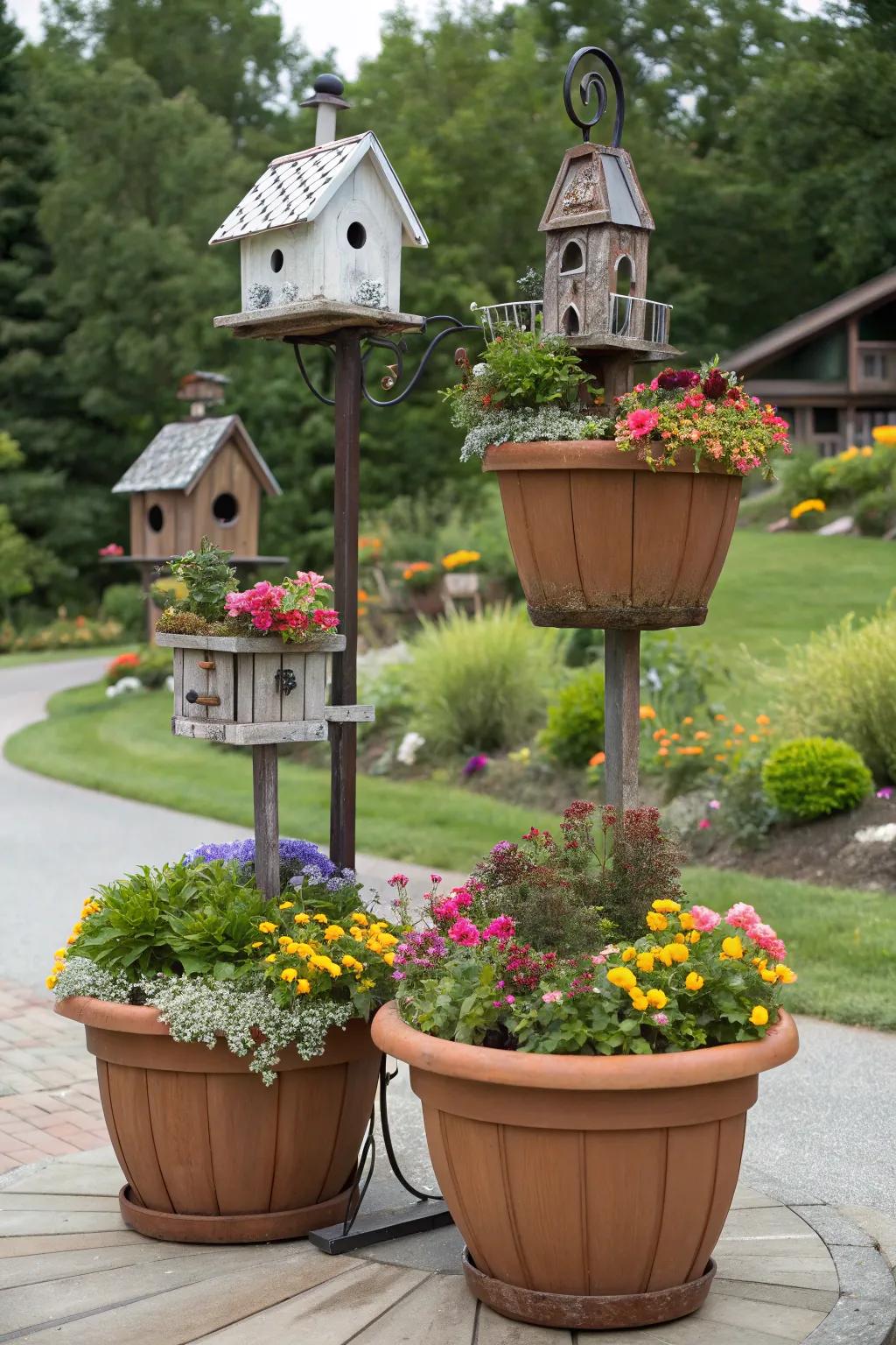 Combine birdhouses and flower pots for a creative garden display.