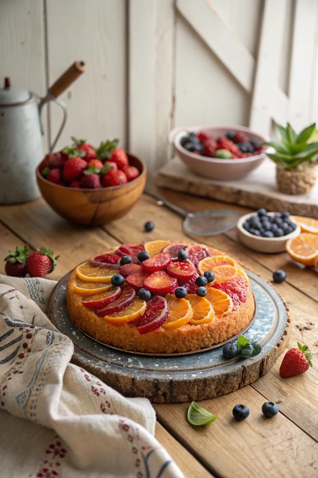 An upside-down cake with a twist, featuring creative fruit arrangements.