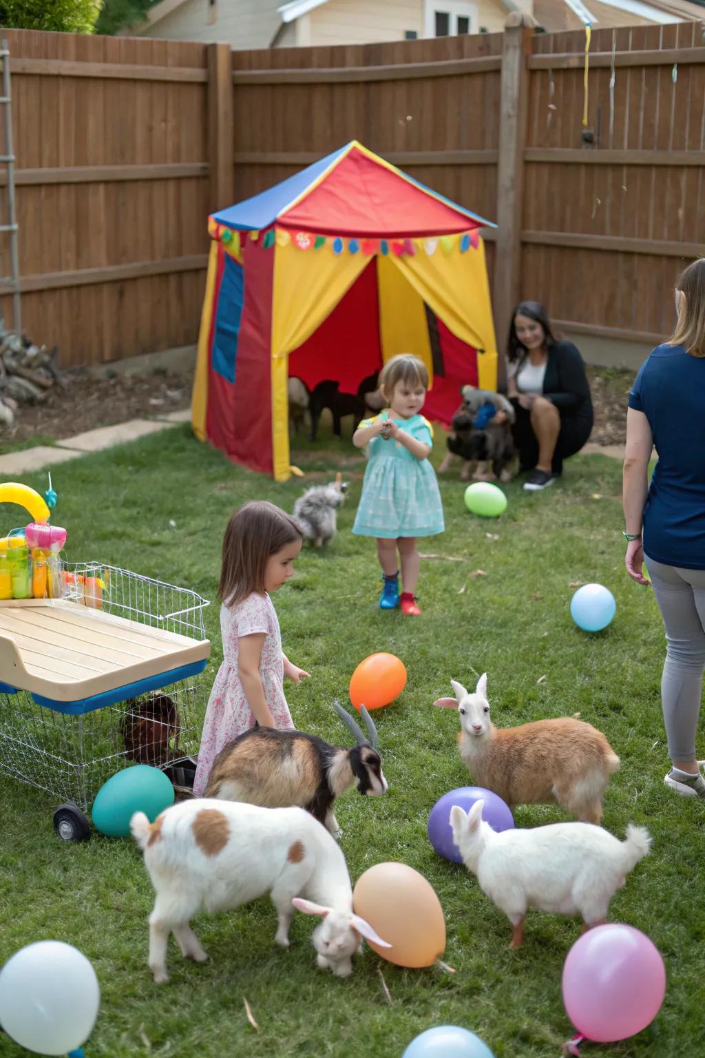 A petting zoo party with small animals and kids interacting.