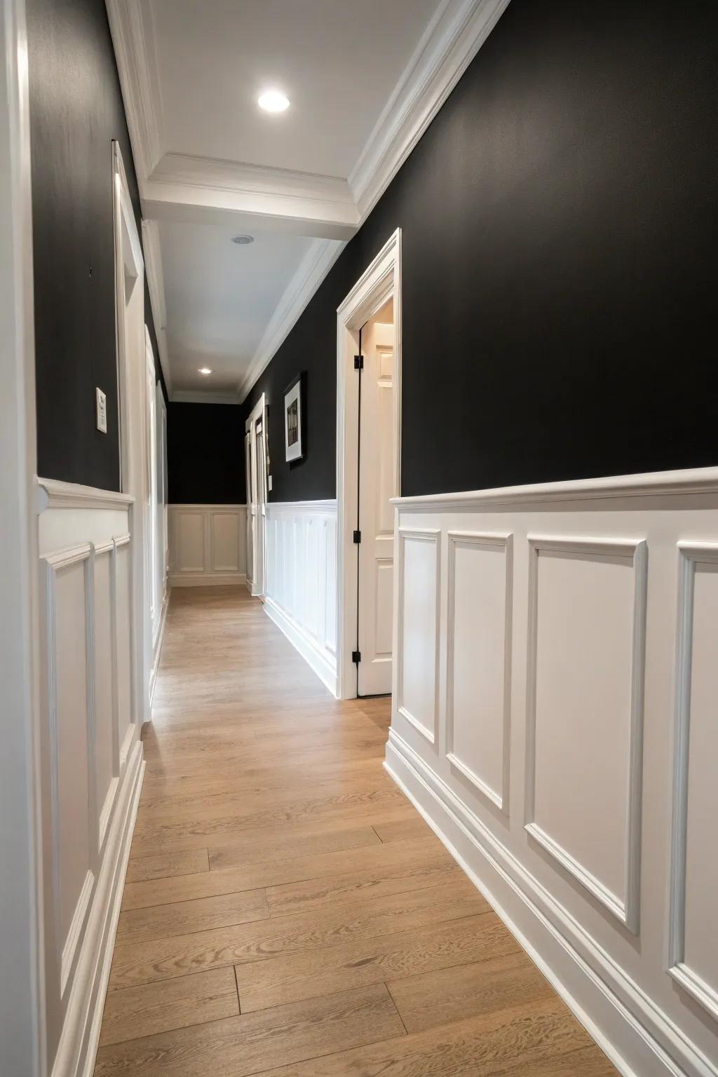 Wainscoting adds a classic touch to this black and white hallway.