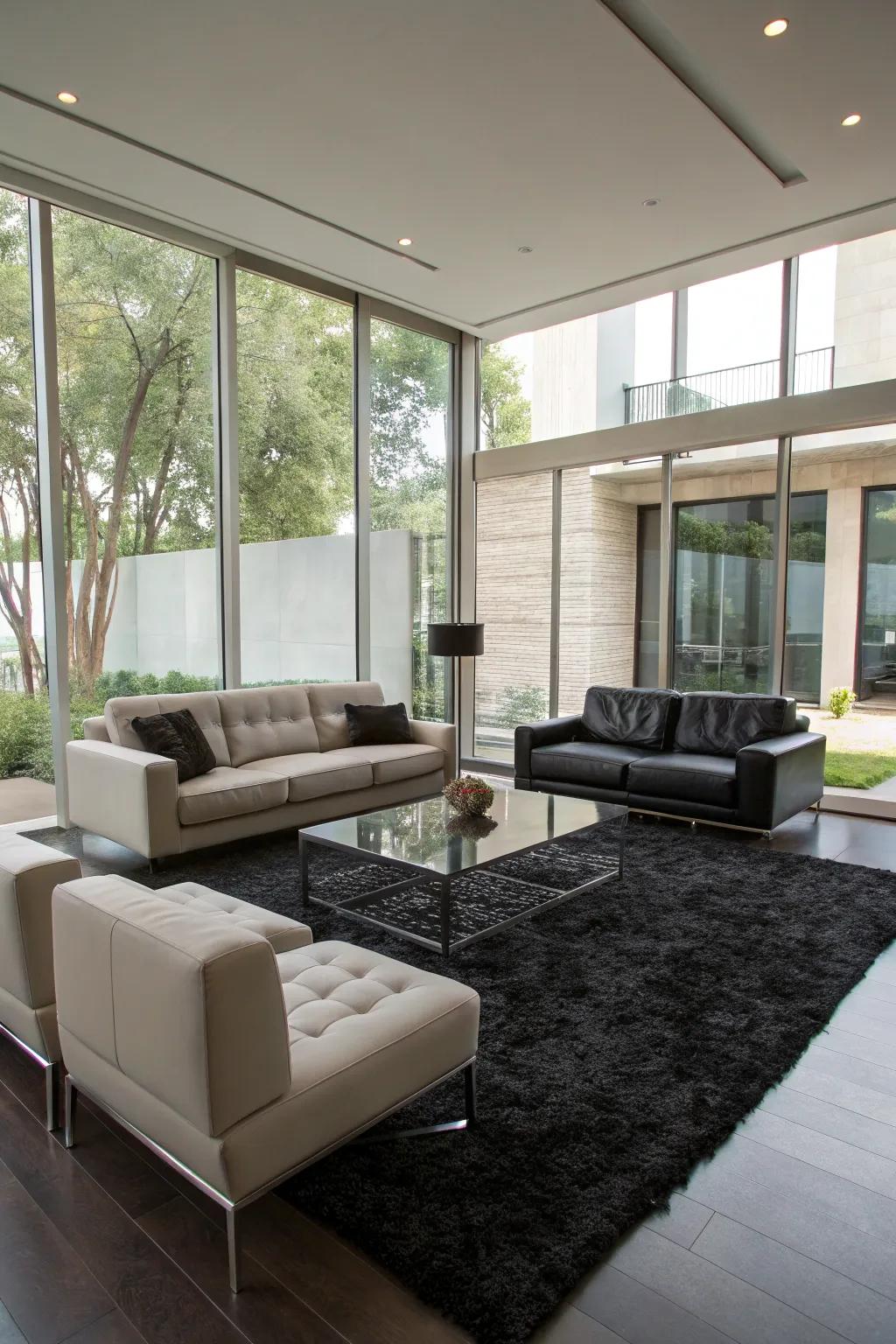 A sophisticated living room anchored by a black rug.