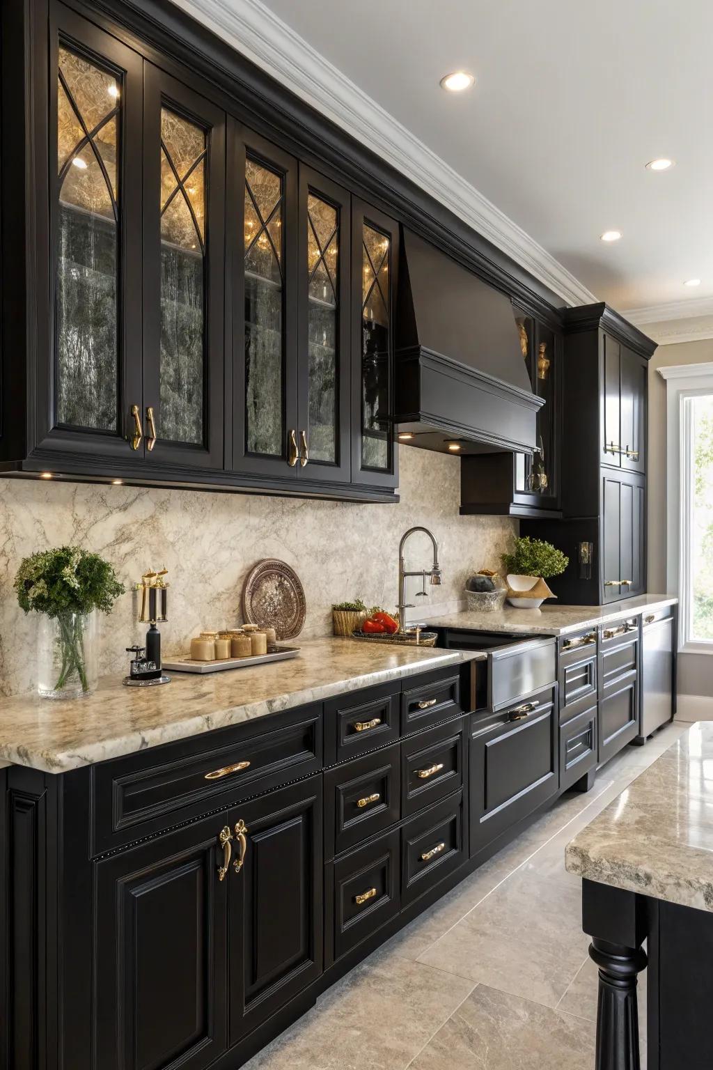 Natural stone enhancing the luxurious feel of a kitchen with black cabinetry.