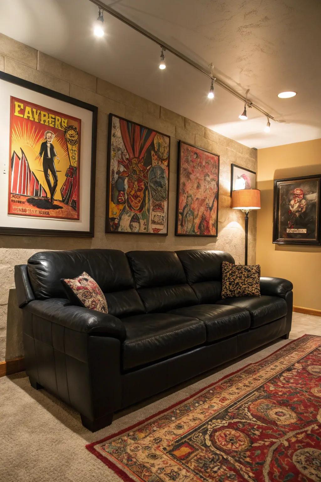 Bold artwork above the black leather sofa creates a striking focal point.