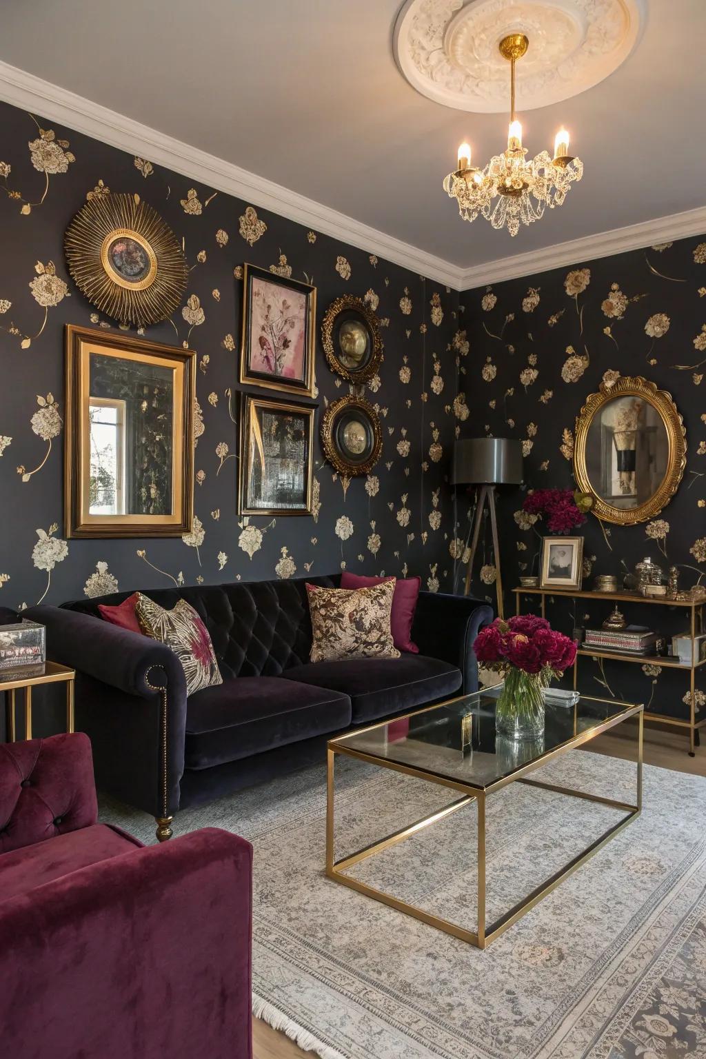 A living room transformed by the wonders of black wallpaper.