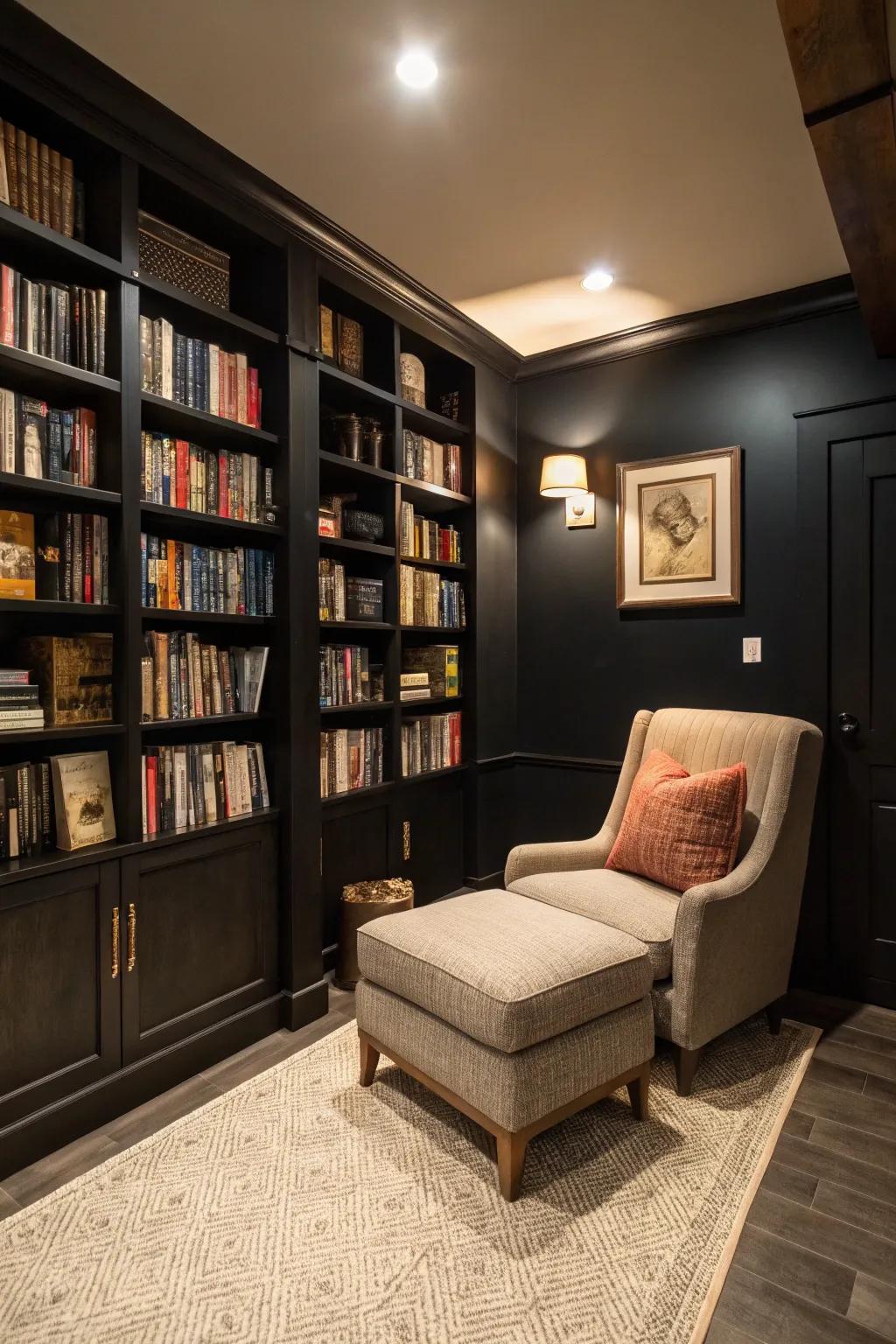 A basement library nook that offers a cozy escape.