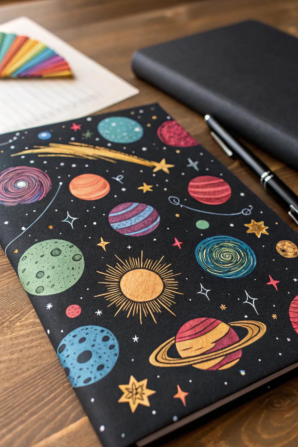 Journey through the stars with cosmic designs on black paper.