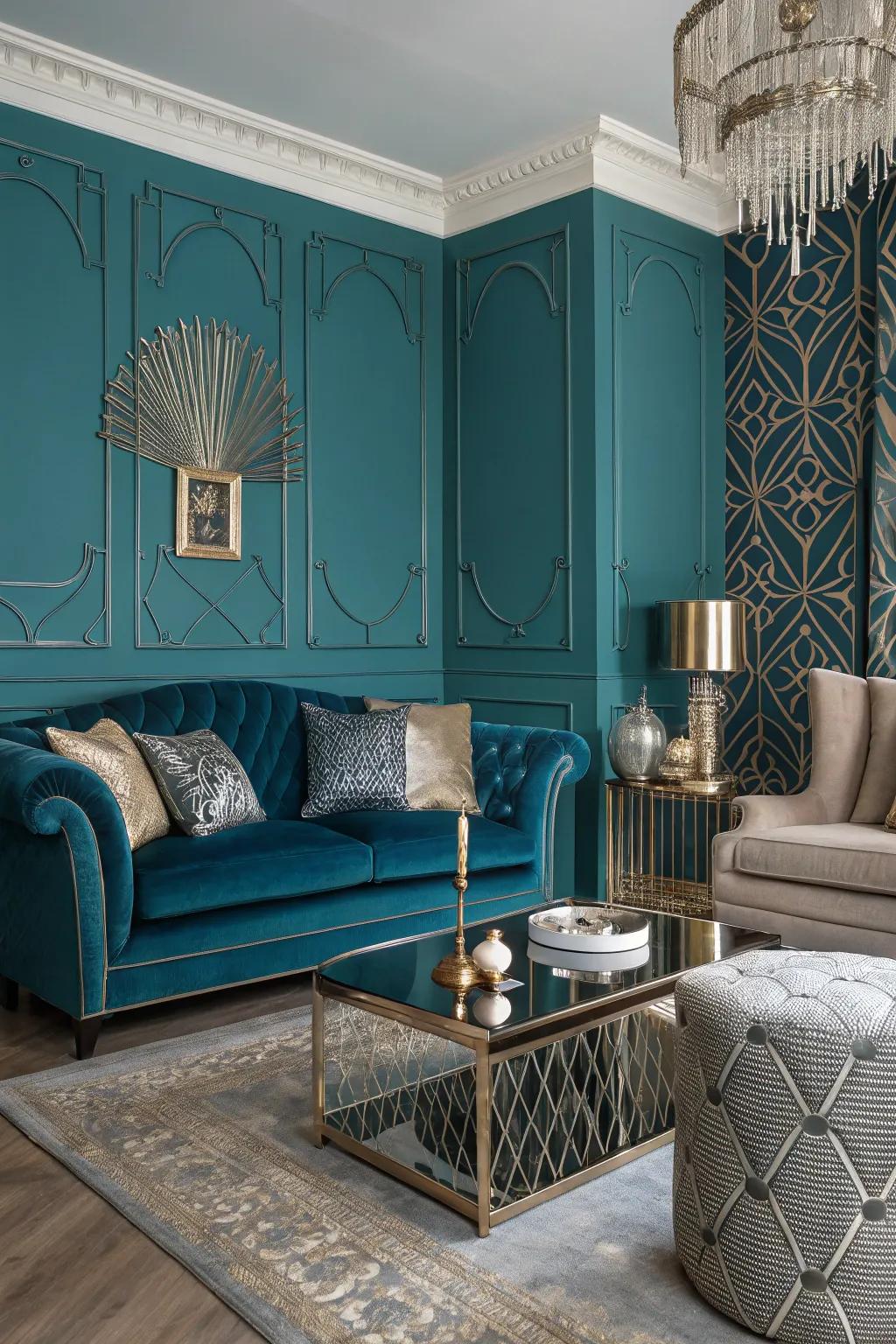 An art deco living room with a rich teal blue accent wall and luxurious decor.