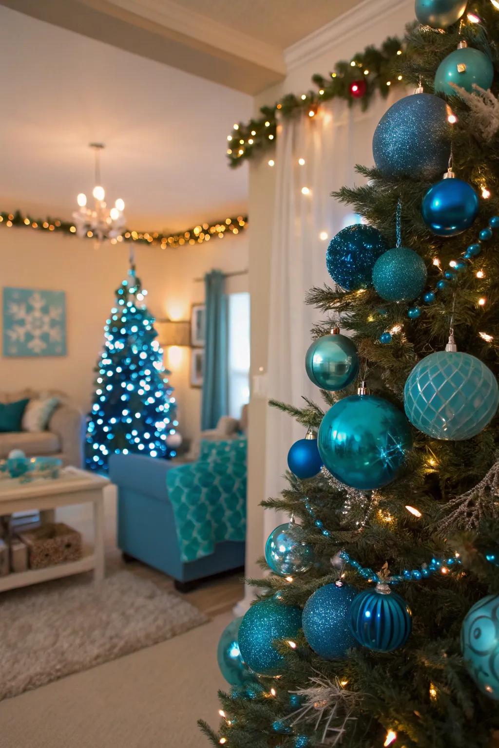 Blue and turquoise accents add a vibrant and playful twist to holiday decor.