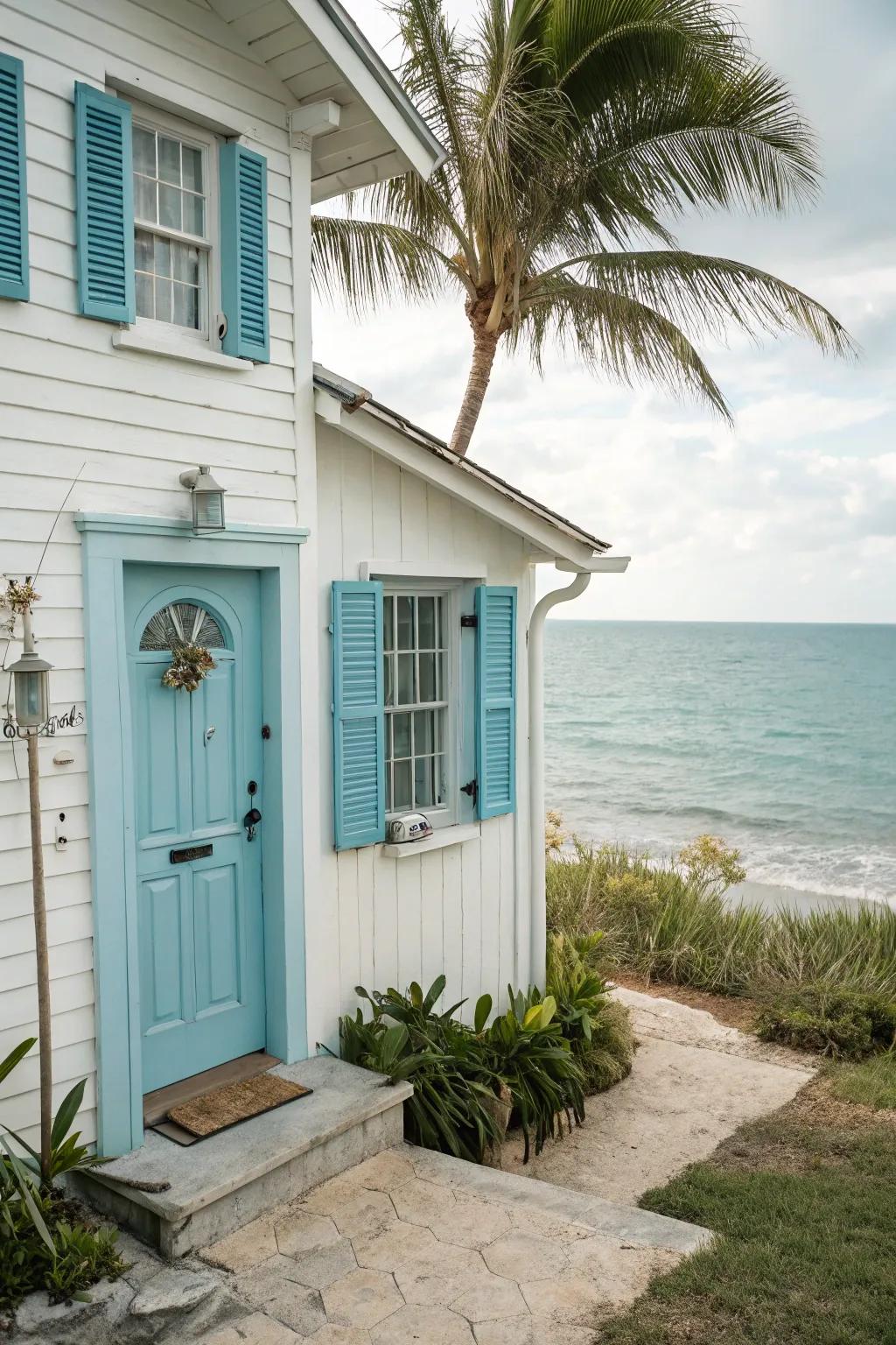 Light coastal blue doors harmonize with seaside landscapes.