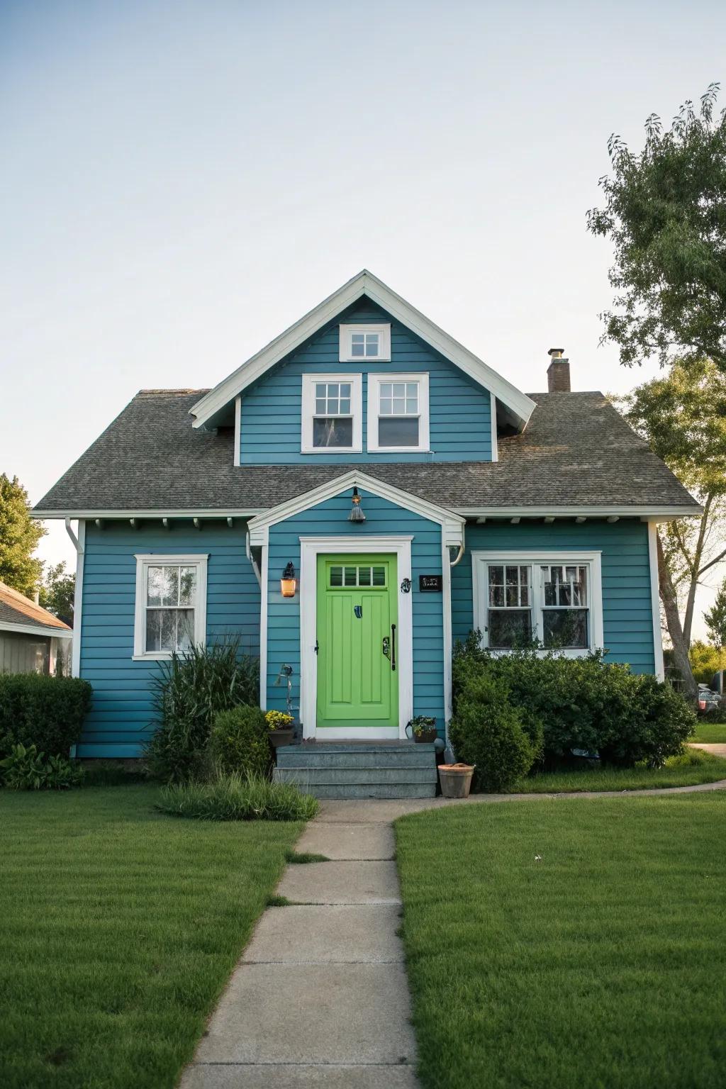 Green doors add a fresh and natural touch to blue exteriors.