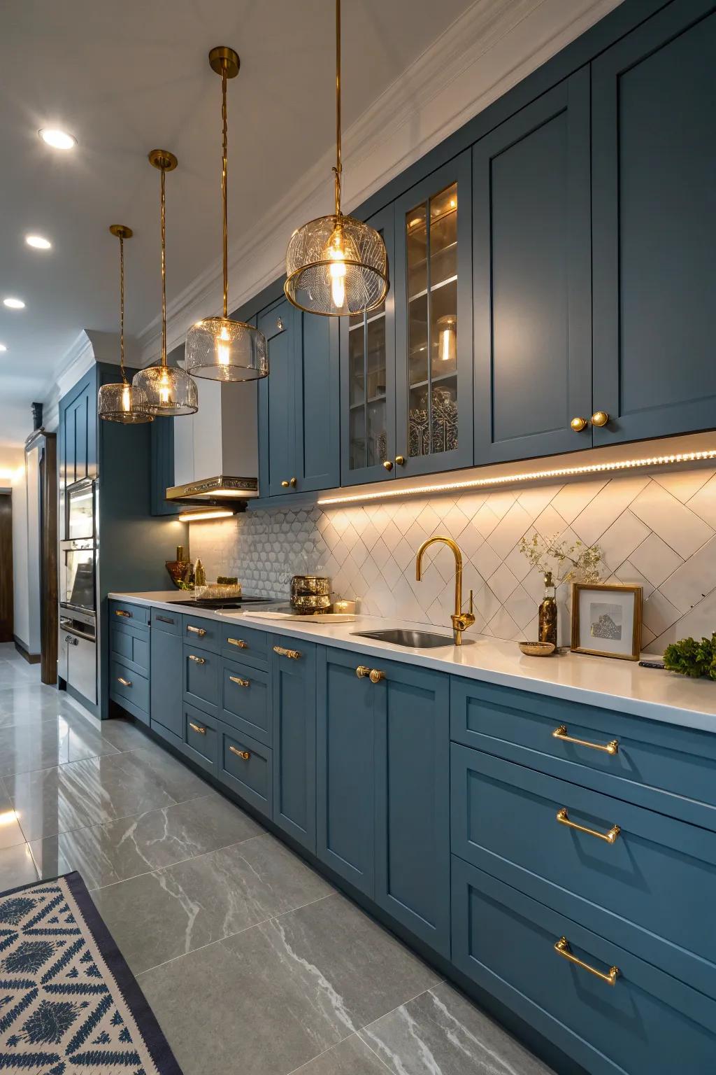 Layered lighting with blue cabinets and gold hardware enhances the kitchen's ambiance.