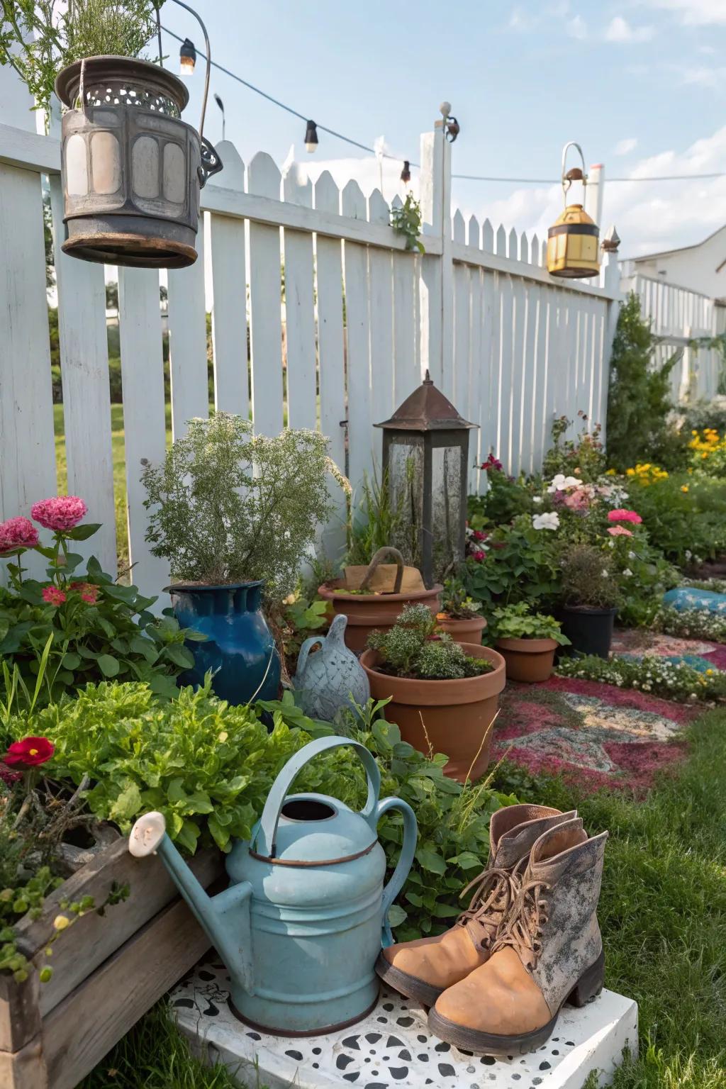 Whimsical planters in a bohemian garden.