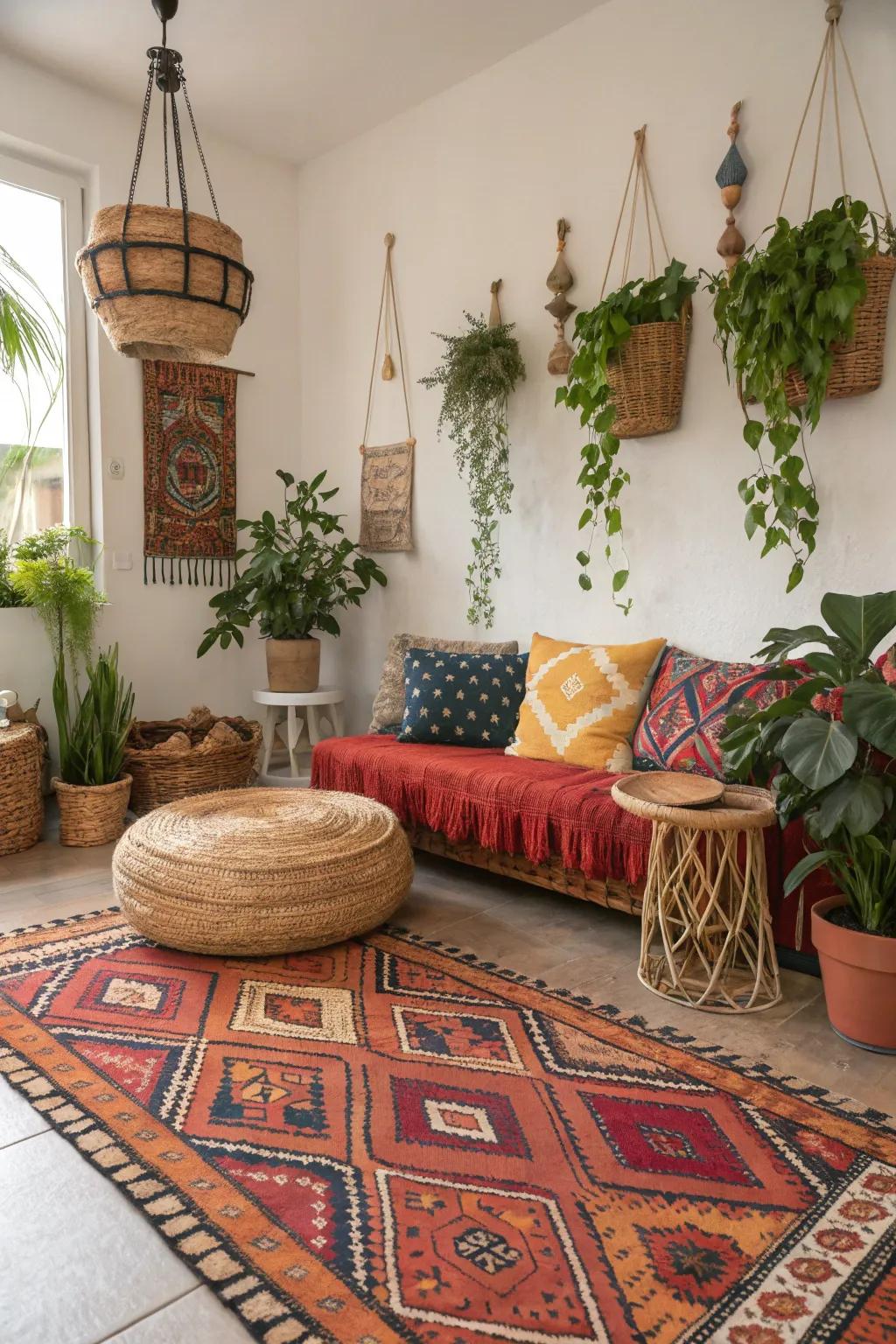 A bold patterned rug serves as a focal point in boho decor.