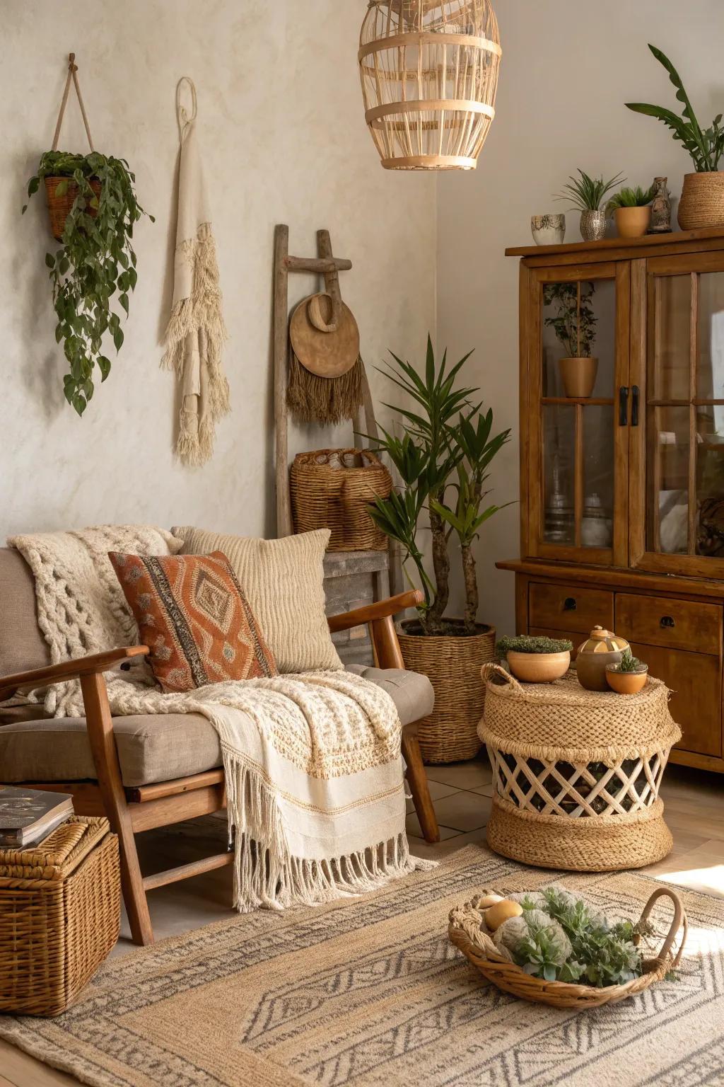 Earthy tones create a grounded and harmonious boho atmosphere.