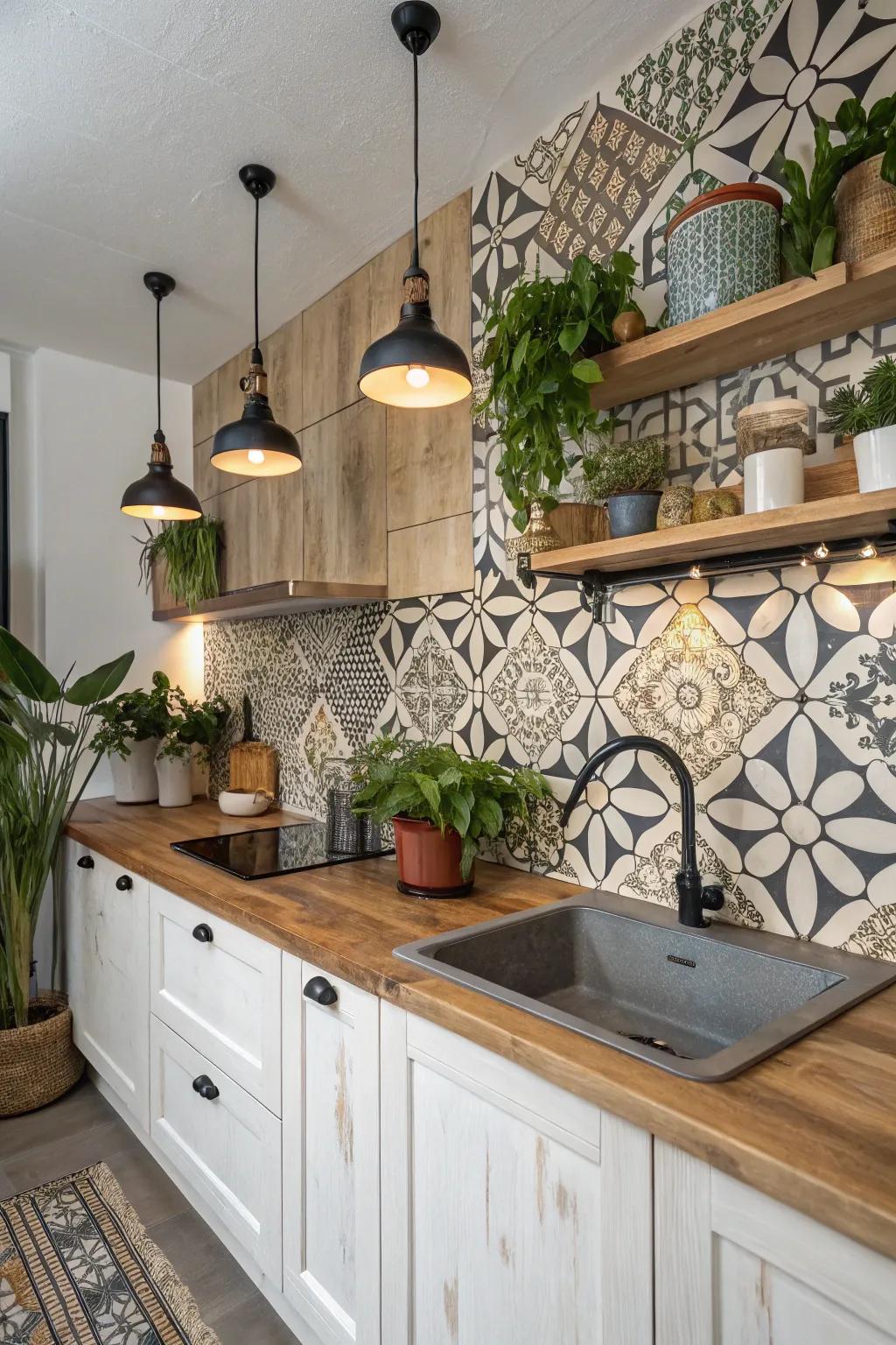 Geometric tile patterns add modern intrigue to this boho kitchen.