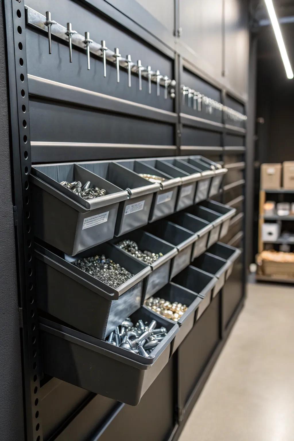 Maximize your workspace with a stylish hanging bin rack system—where form meets function.