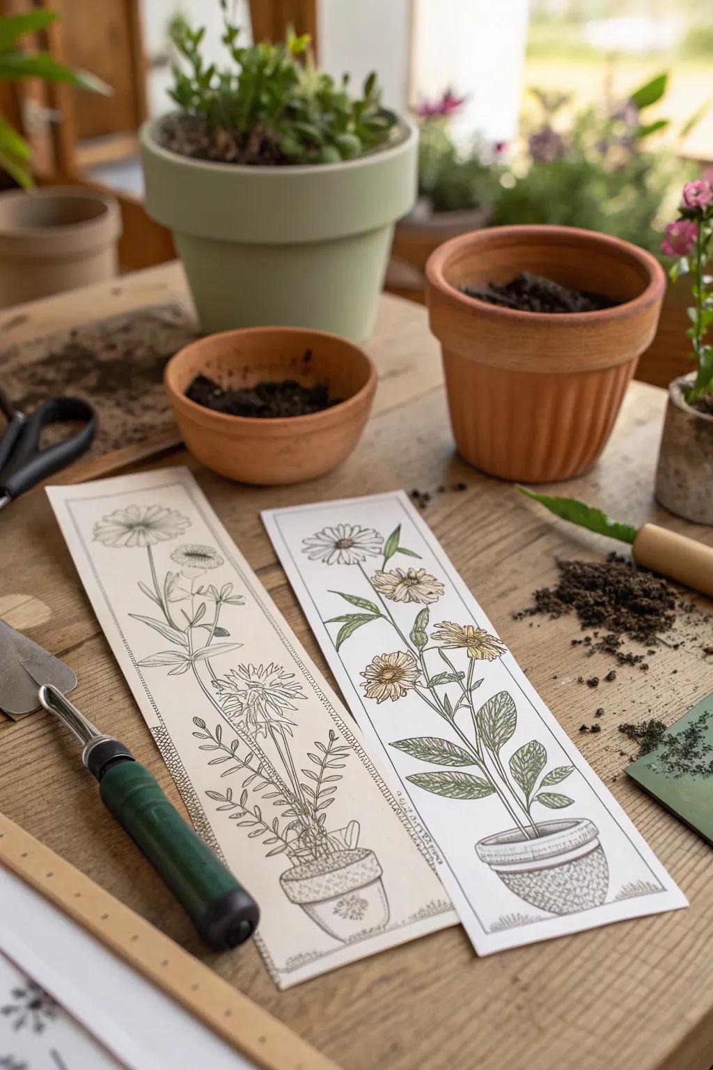 Botanical line drawings add a natural elegance to bookmarks.