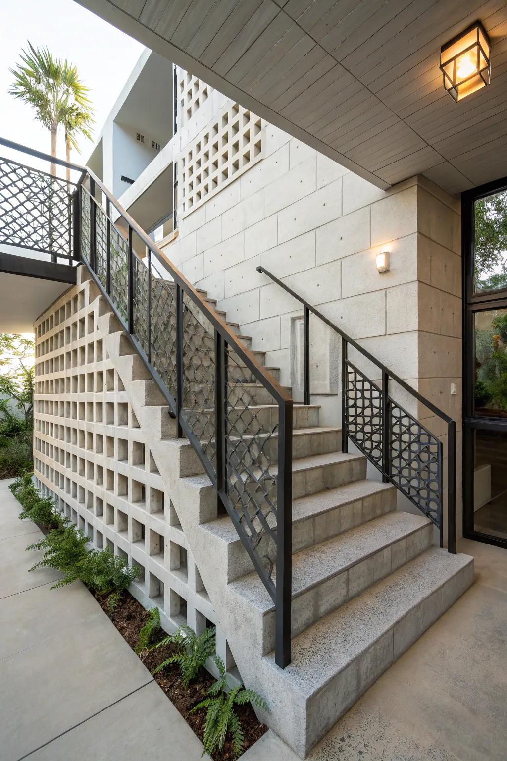 A staircase enhanced by sophisticated breeze block design.