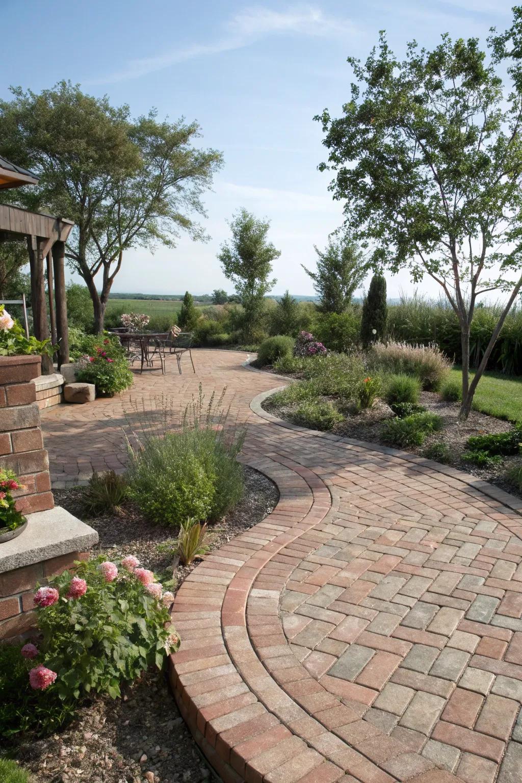 An organic brick patio blends seamlessly with its surroundings.