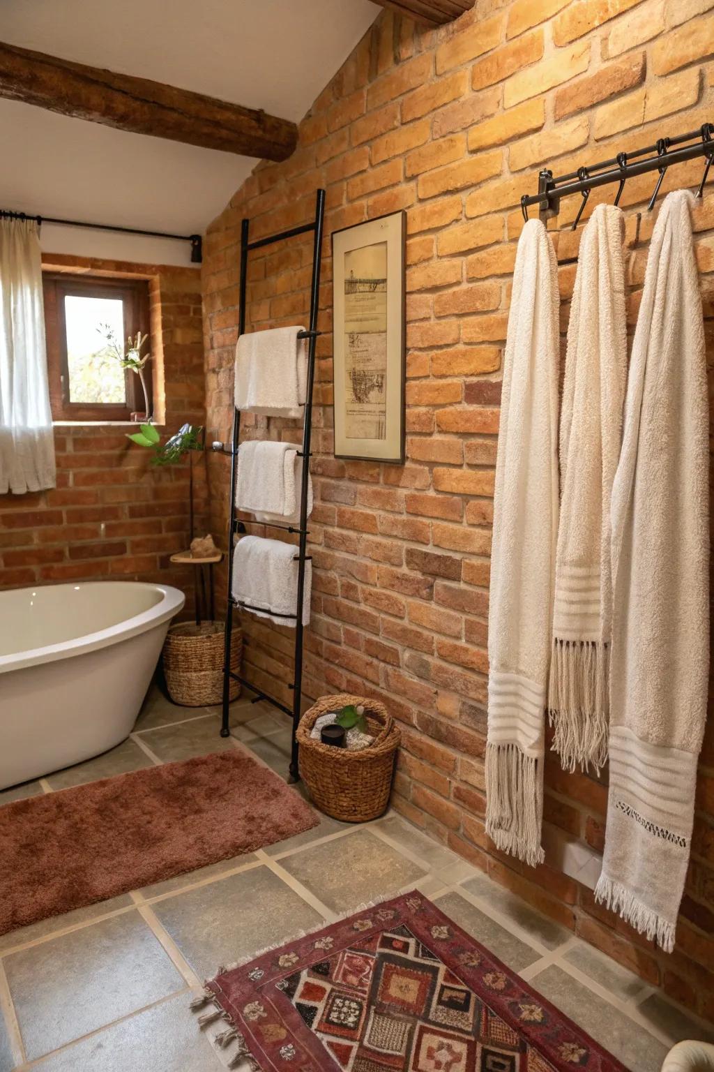 Soft textiles add warmth and comfort to brick-walled bathrooms.