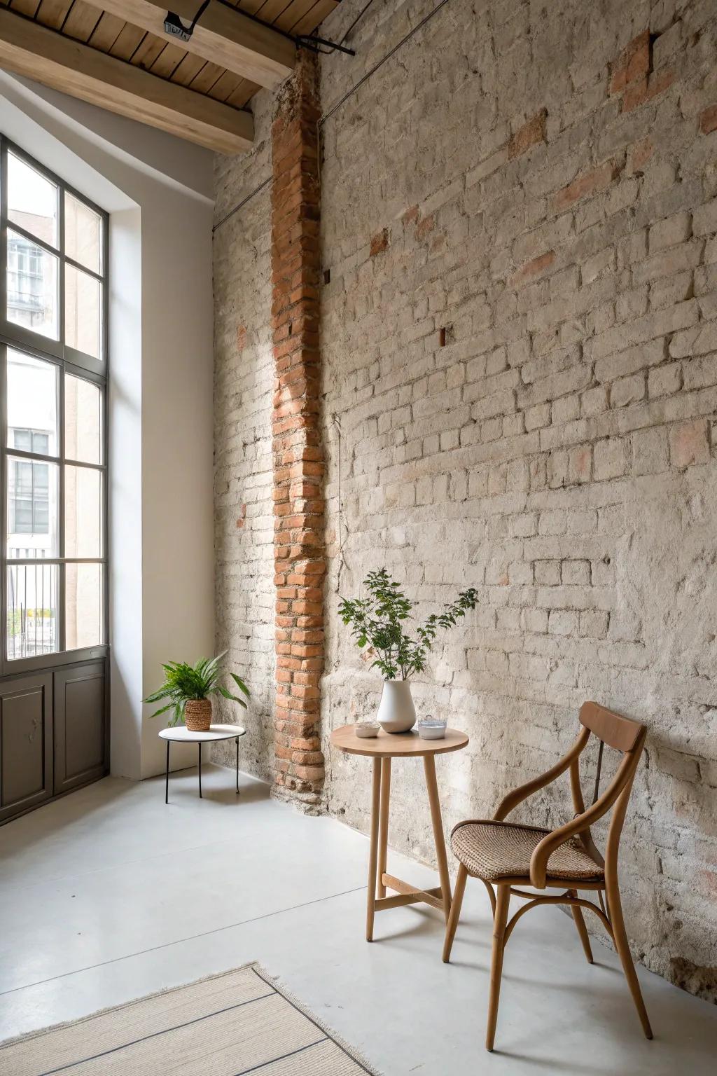 A minimalist design approach highlights the natural beauty of the brick wall.