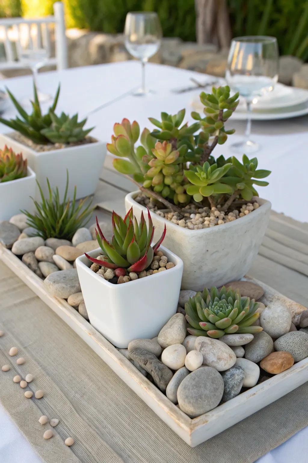 A brunch table featuring modern succulent arrangements with pebbles.