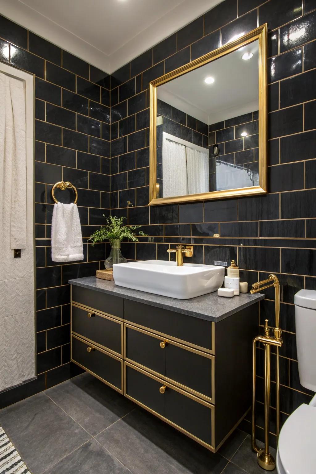 Sleek and sophisticated design with black tiles and brushed brass fixtures.