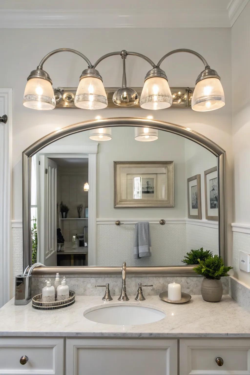 Elegant curved brushed nickel lighting above a bathroom mirror.