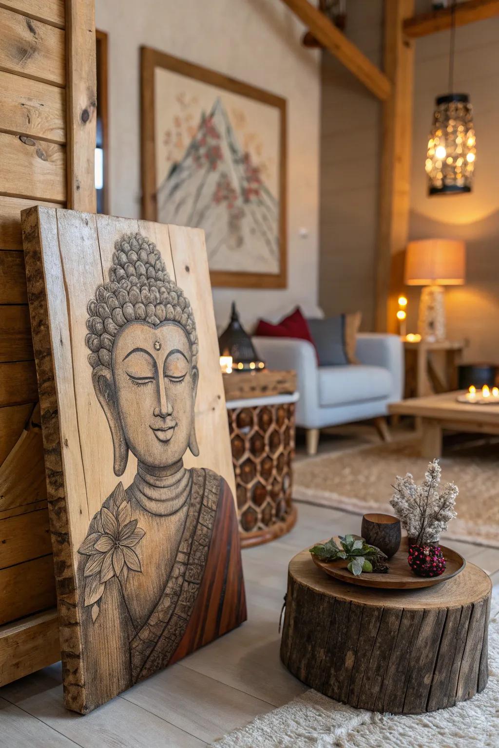 Rustic Buddha painting on wood adds warmth to this cozy living room.