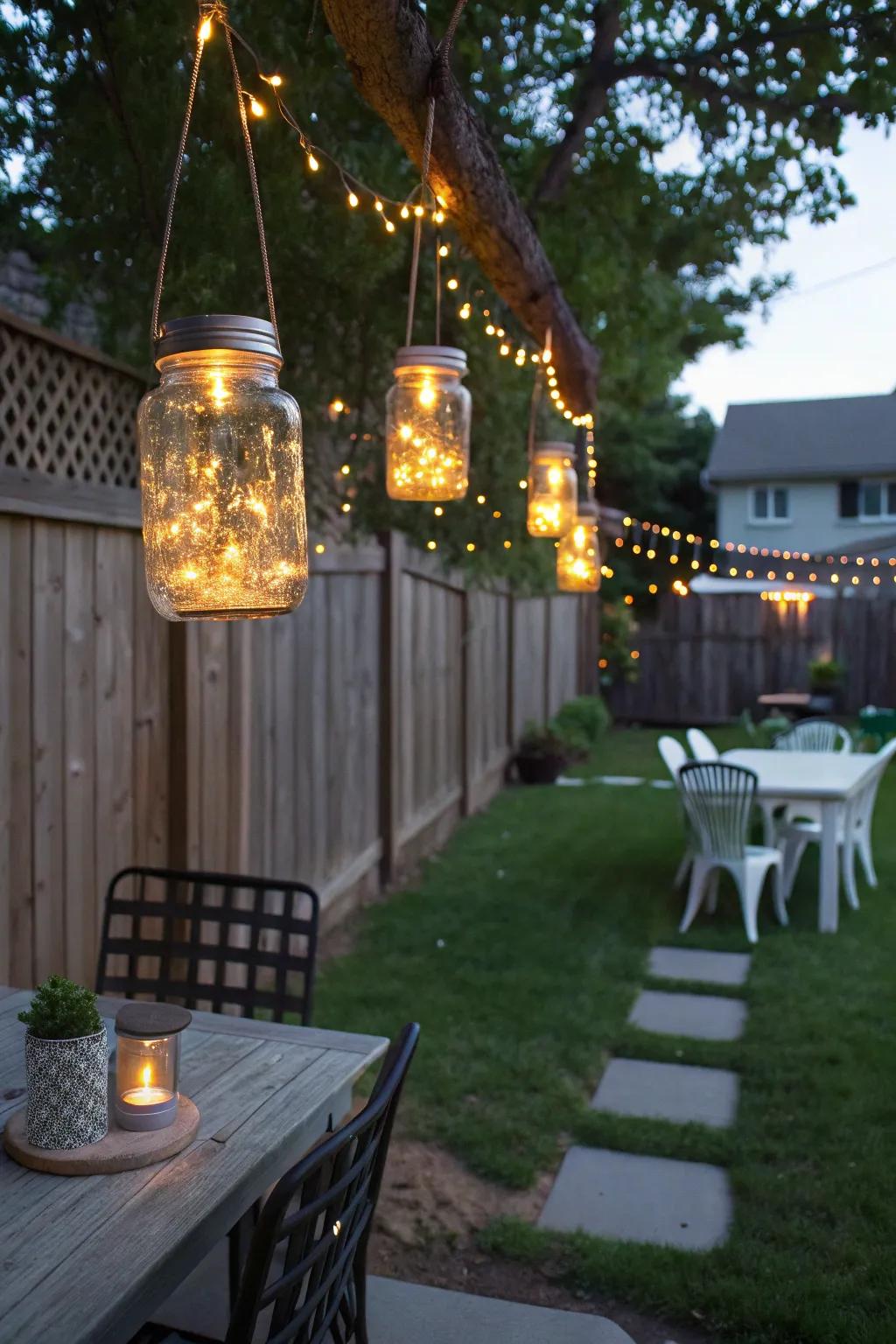 Mason jar lanterns create a magical, warm glow.