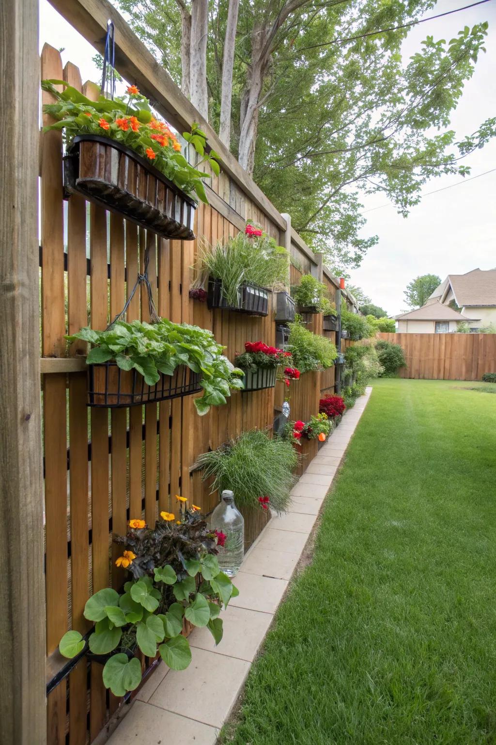 Hanging bottle planters add a whimsical touch to backyard spaces.