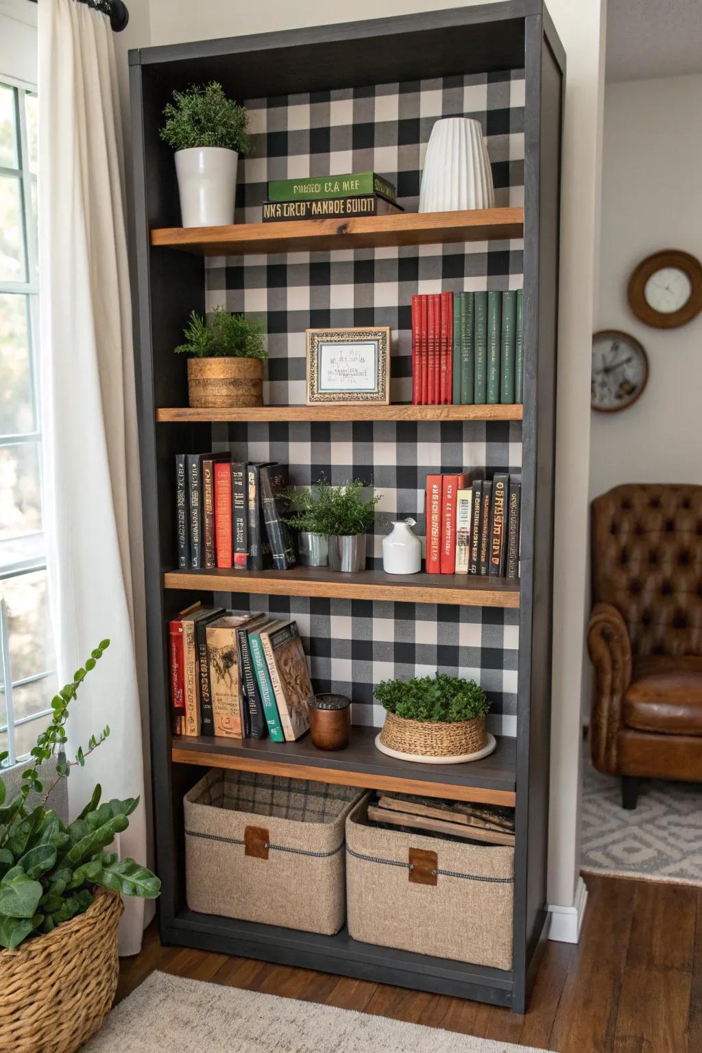 Buffalo plaid backing adds a unique touch to bookshelves.