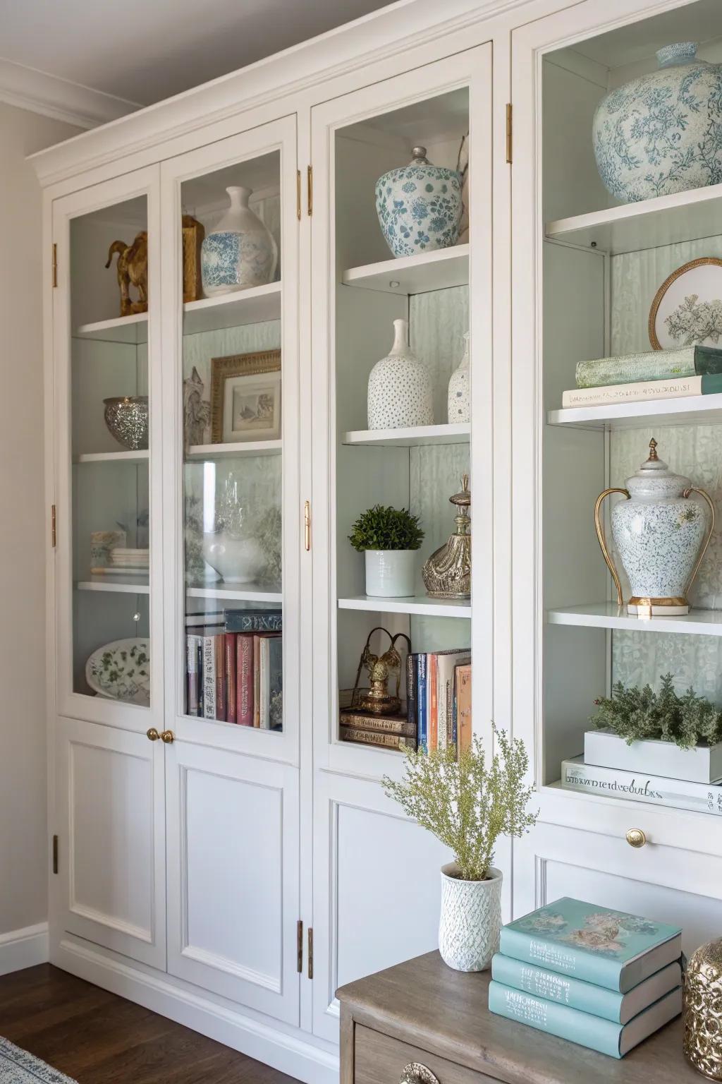 Glass doors add elegance and sophistication to built-in shelves.